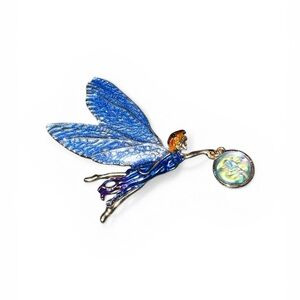 Vintage Blue Fairy Brooch with Gold Accents and iridescent Moon Face